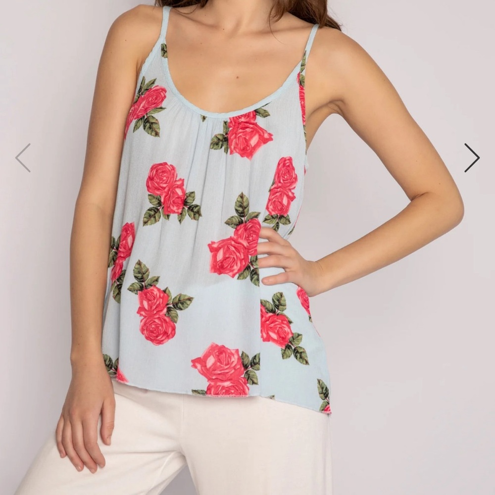 NEW PJ‎ Salvage Blue Mist Rose Floral Rayon Cami Top Adjustable Straps Medium